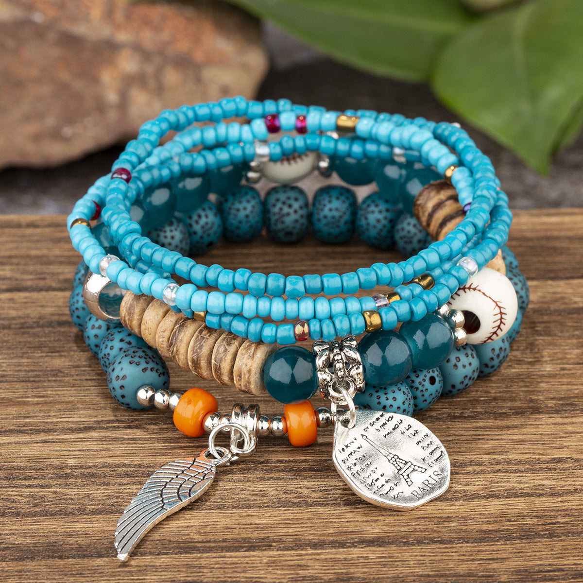 Wholesale Bohemian Ethnic Style Angel Wings Letter Alloy Pendant Beaded Bracelet Five-piece Set